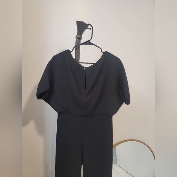 Lela Rose Black Ottoman Cape Sleeve Wide Leg Jumpsuit Romper 8 - Picture 3 of 12